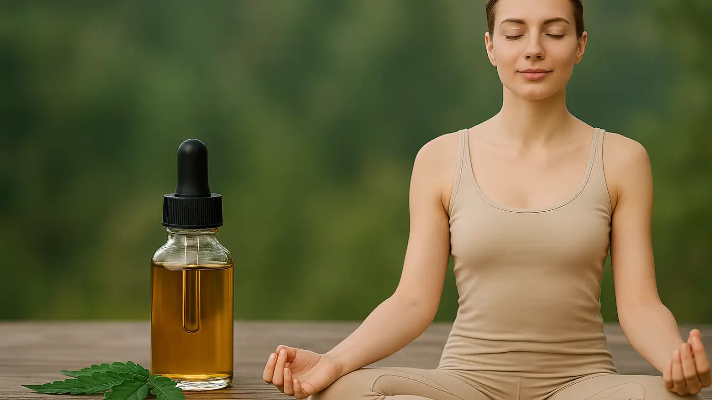 Meditating woman, CBD oil, cannabis leaf, natural background, relaxing atmosphere