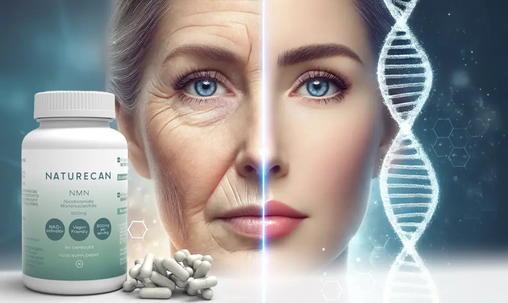 Anti-aging supplement, youthful transformation, DNA, Naturecan NMN capsules.