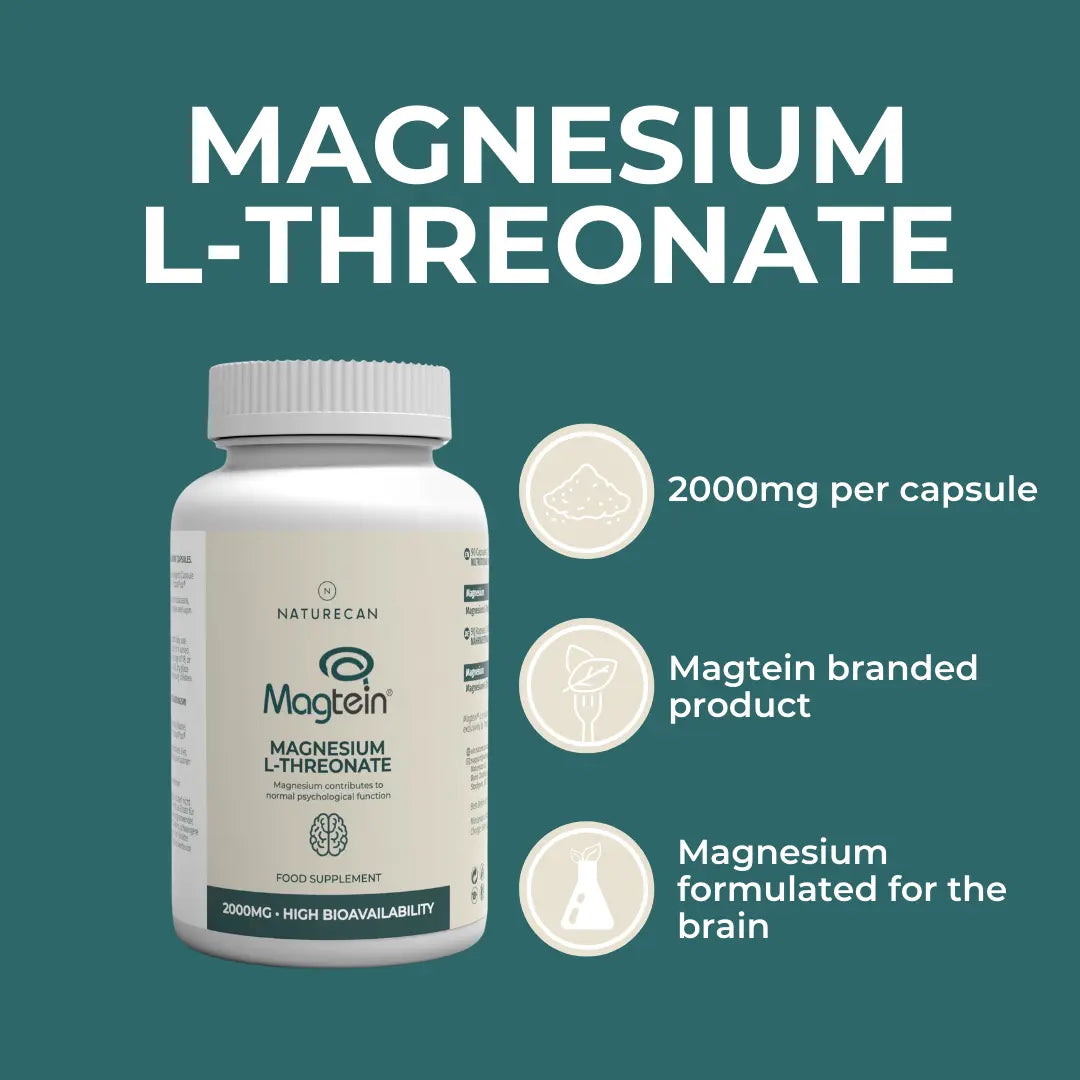 Magnesium L-Threonate by Magtein in a white bottle with 2000mg per capsule and brain health benefits highlighted.