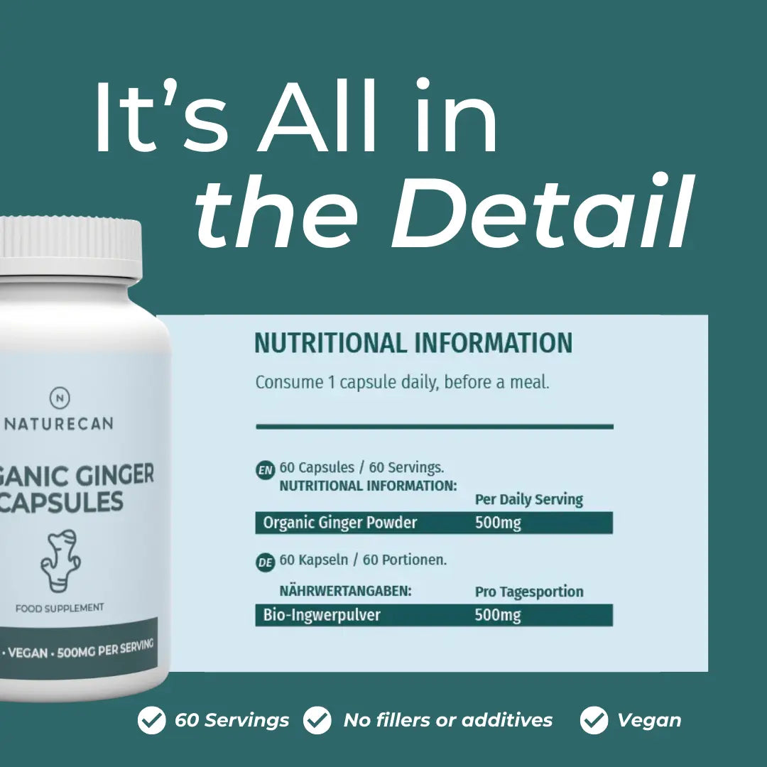 Naturecan Organic Ginger Capsules with nutritional information on a green background