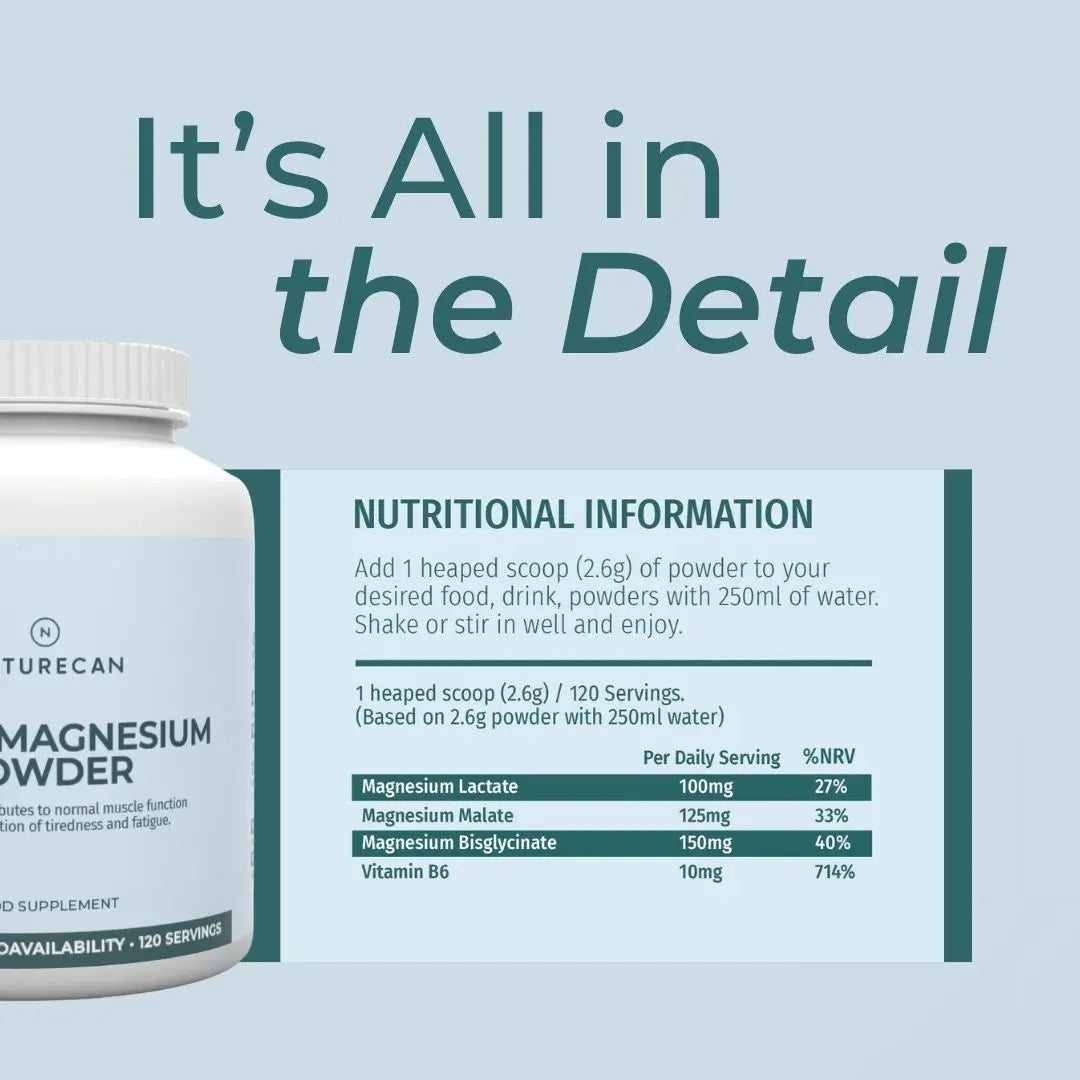 A jar of Naturecan Magnesium Glycinate 3:1 with nutritional information and serving instructions visible.