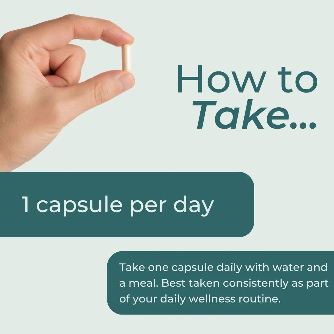 Instructional graphic showing a hand holding a single capsule pill next to the text 'How to Take.
