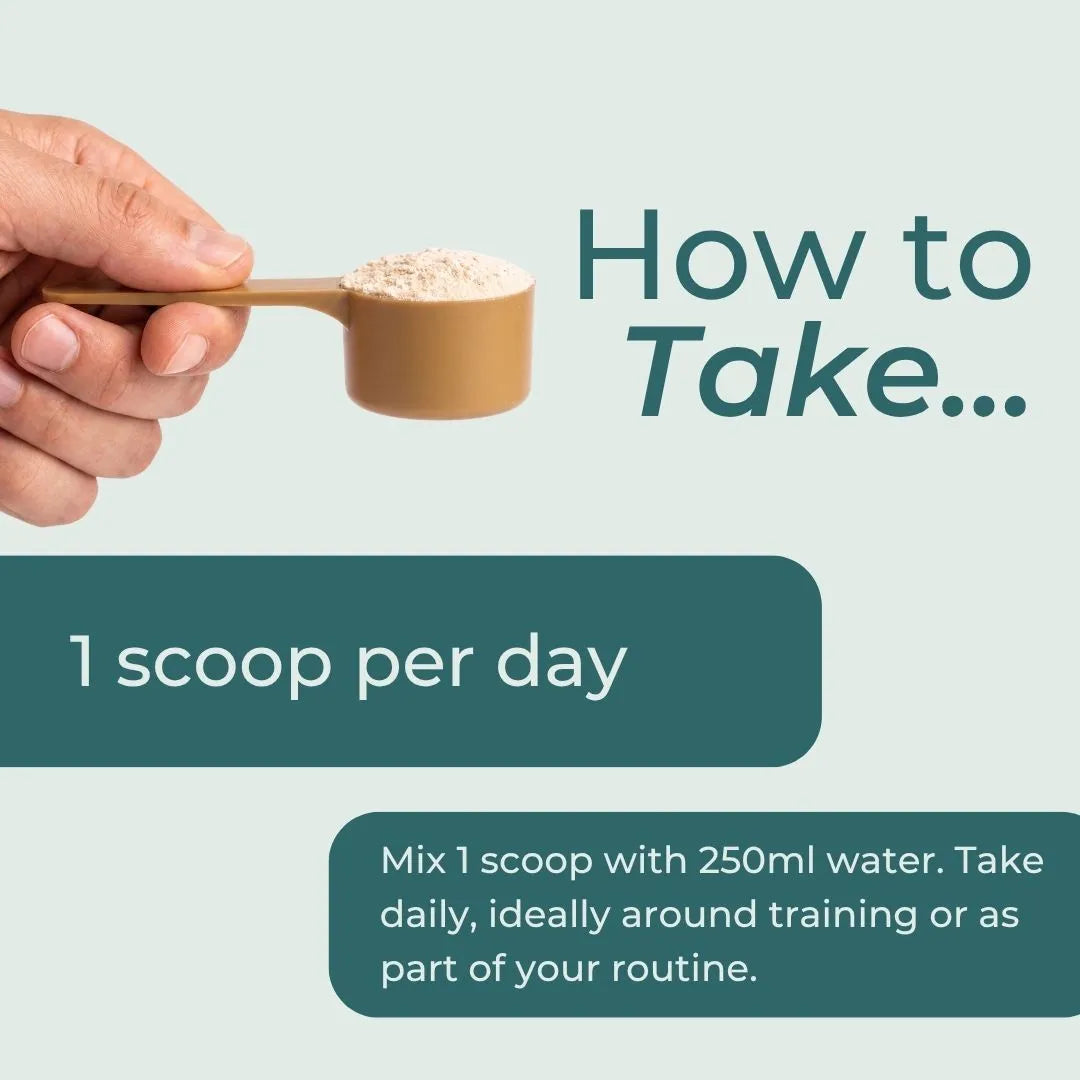 Instructional graphic showing a hand holding a wooden scoop filled with powder, with text reading 'How to Take.