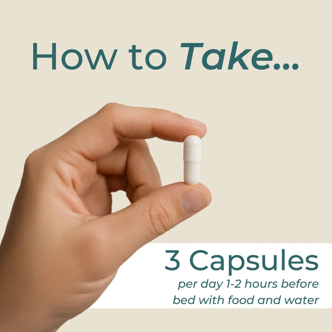 A hand holds a white capsule with text instructing to take 3 capsules per day before bed with food and water.