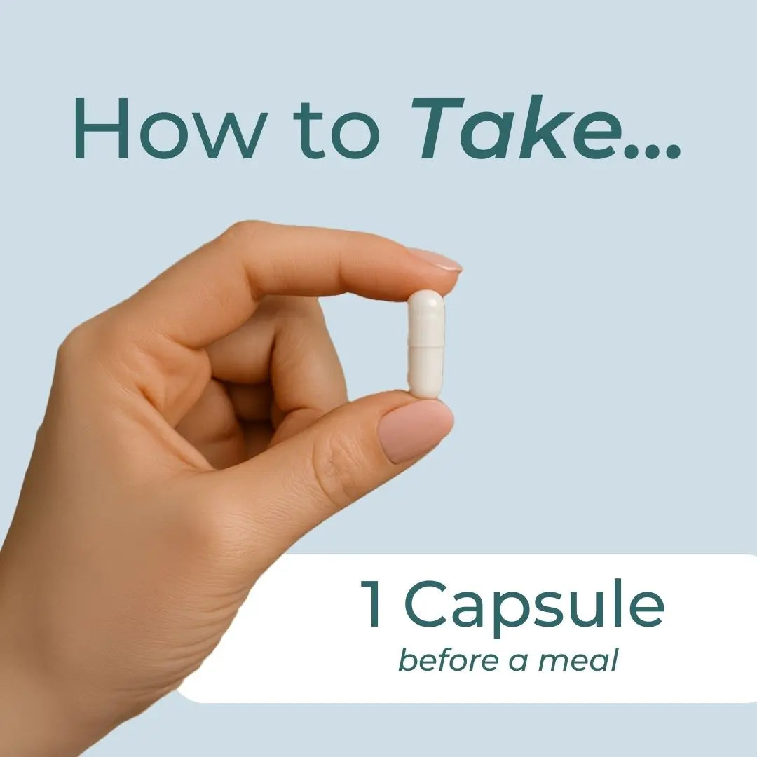 Hand holding a capsule with text on how to take it before a meal on a light blue background