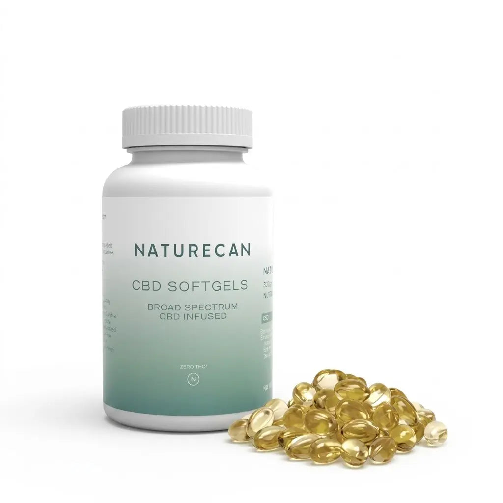 Naturecan CBD Softgels bottle with softgels on a white background