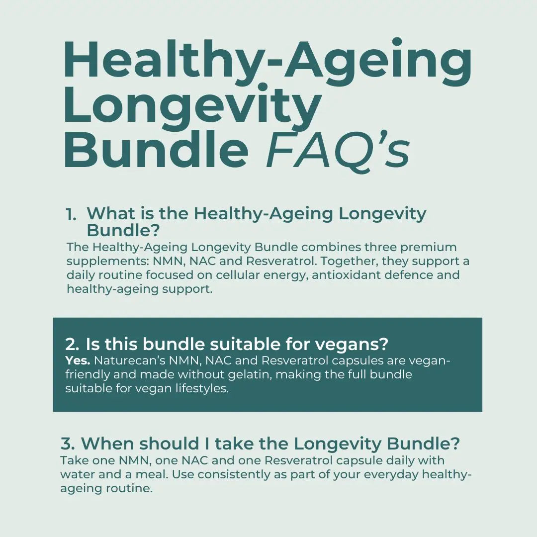 An informational FAQ graphic titled 'Healthy-Ageing Longevity Bundle FAQ's' on a pale green background, with three text questions and answers about supplement benefits and vegan suitability.