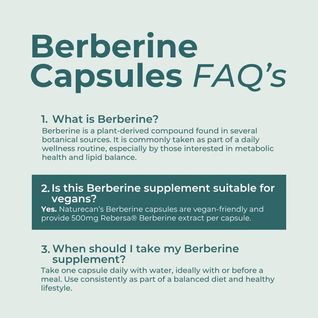 An informational FAQ graphic for Naturecan's Berberine Capsules, featuring three questions and answers on a pale sage green background with dark teal text.