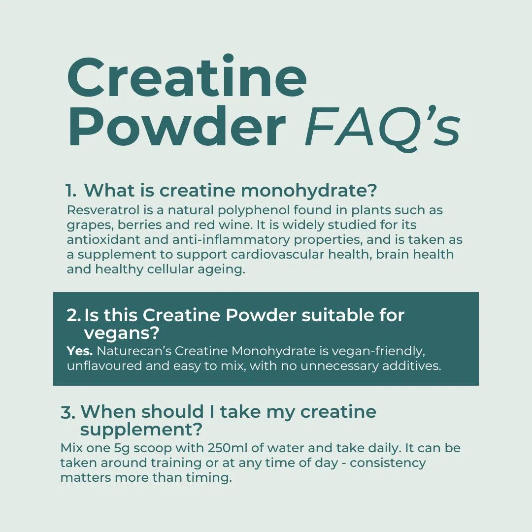 An informational graphic titled 'Creatine Powder FAQ's' on a pale green background, with three text sections answering common questions about creatine monohydrate, vegan suitability, and dosage.