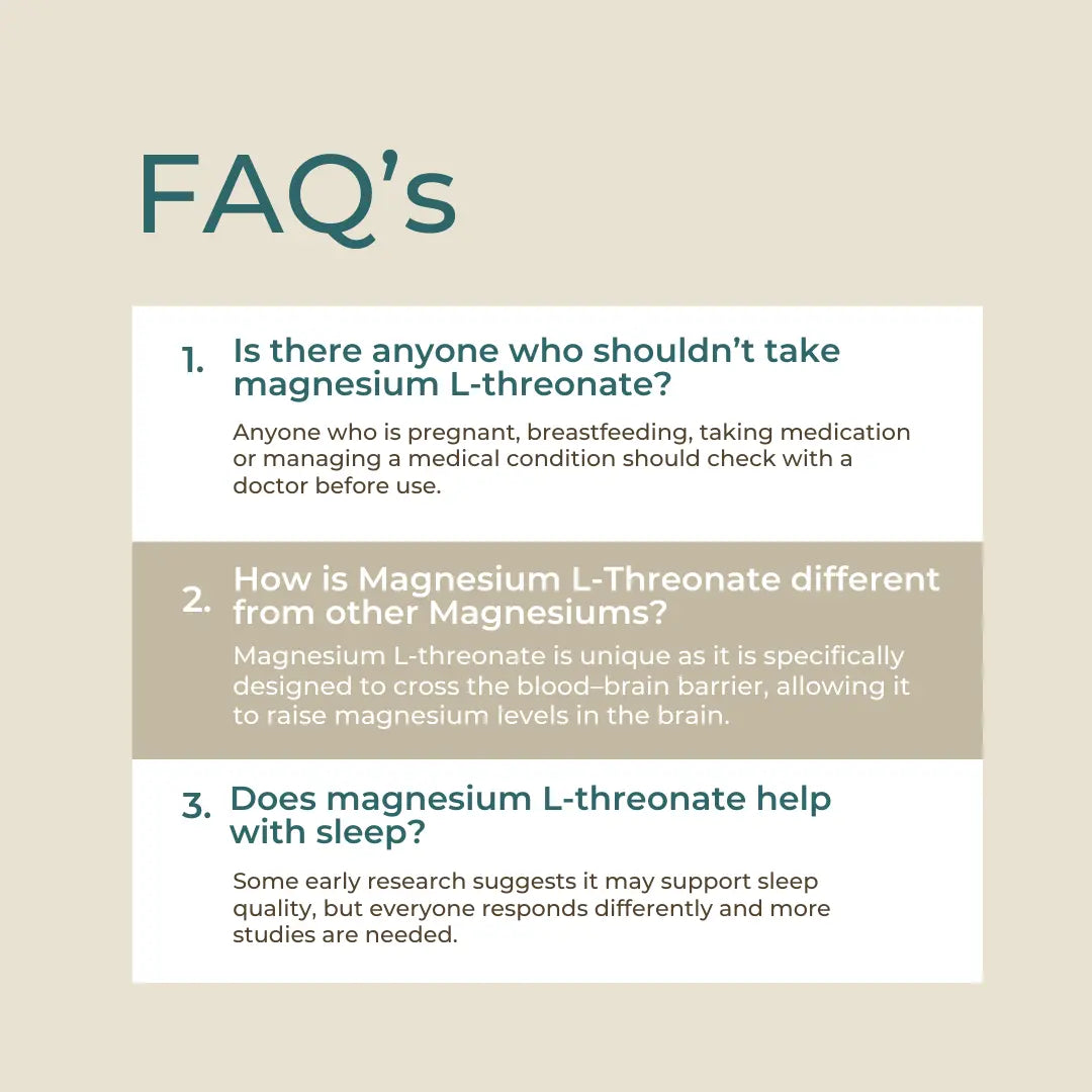 FAQ section discussing Magnesium L-Threonate's usage, uniqueness, and potential sleep benefits.