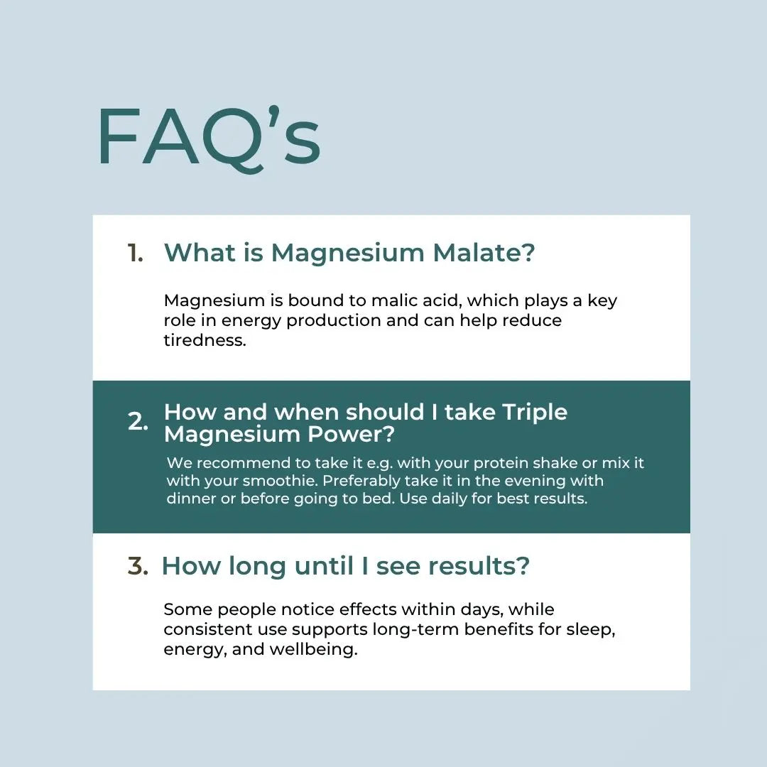 FAQ text graphic about Magnesium Malate, usage timing for Triple Magnesium Power, and expected results.
