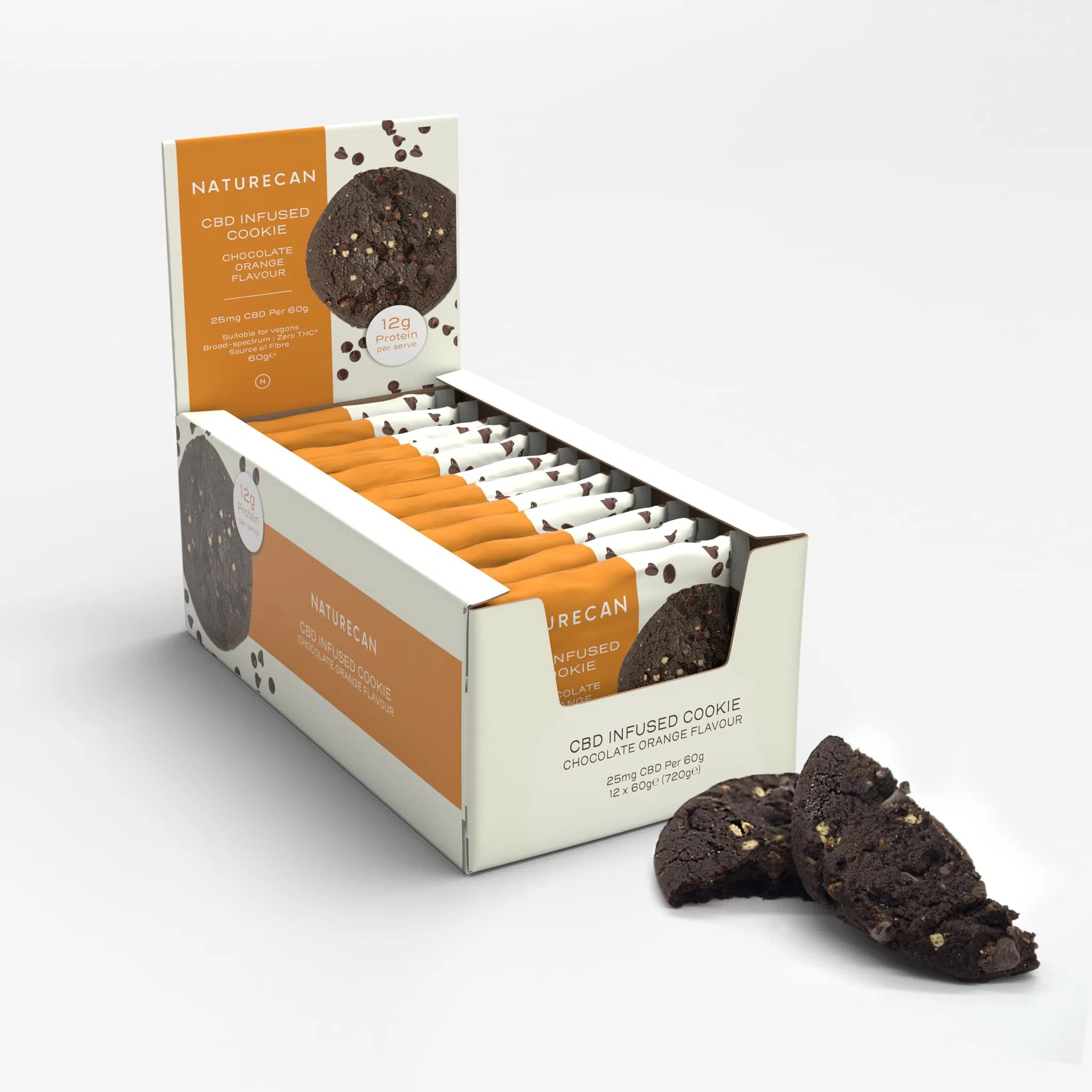 Box of CBD Cookies with chocolate orange flavor, featuring a broken cookie showing its dark interior.