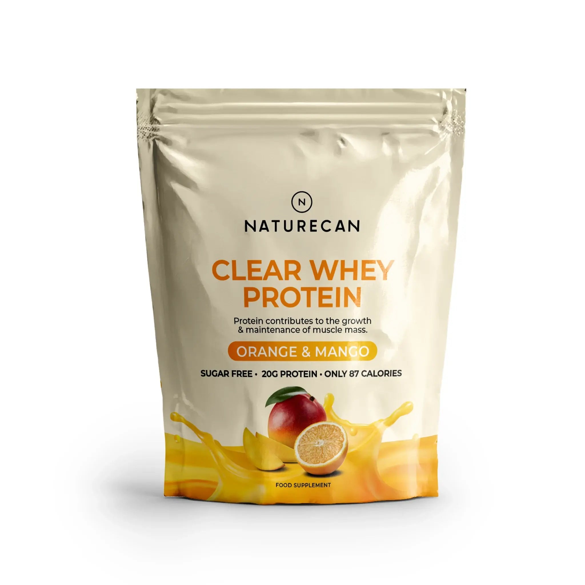 Packet of Fruity Whey Protein Isolate in Orange & Mango flavor with fruit illustrations on the packaging.