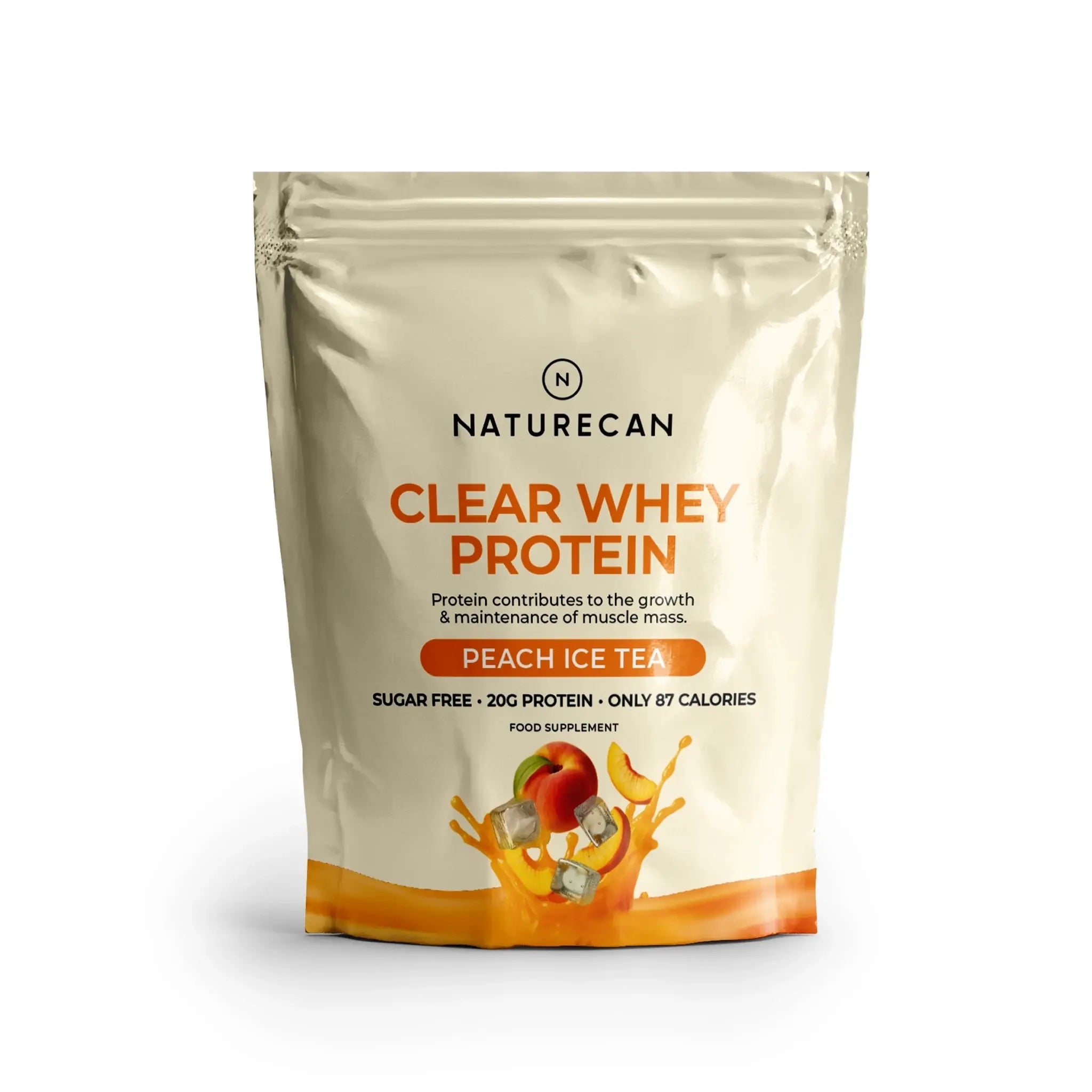 Packet of Fruity Whey Protein Isolate, Peach Ice Tea flavor, with peach and ice cube illustrations on the packaging.