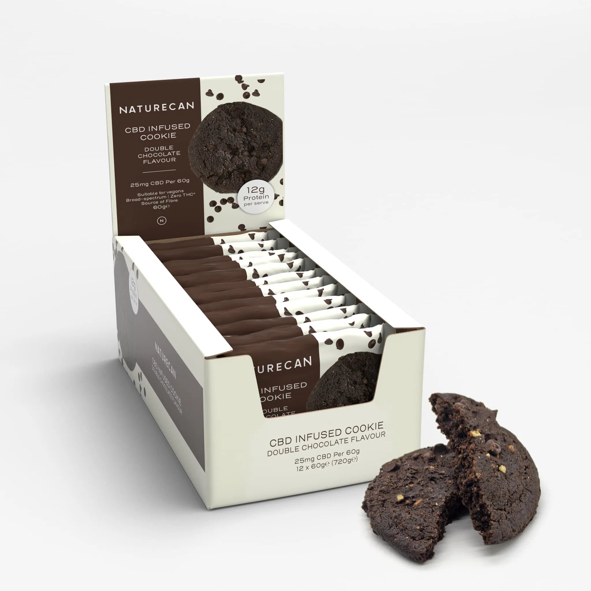 Box of CBD Cookie packages with visible double chocolate flavor text and a broken cookie in front.