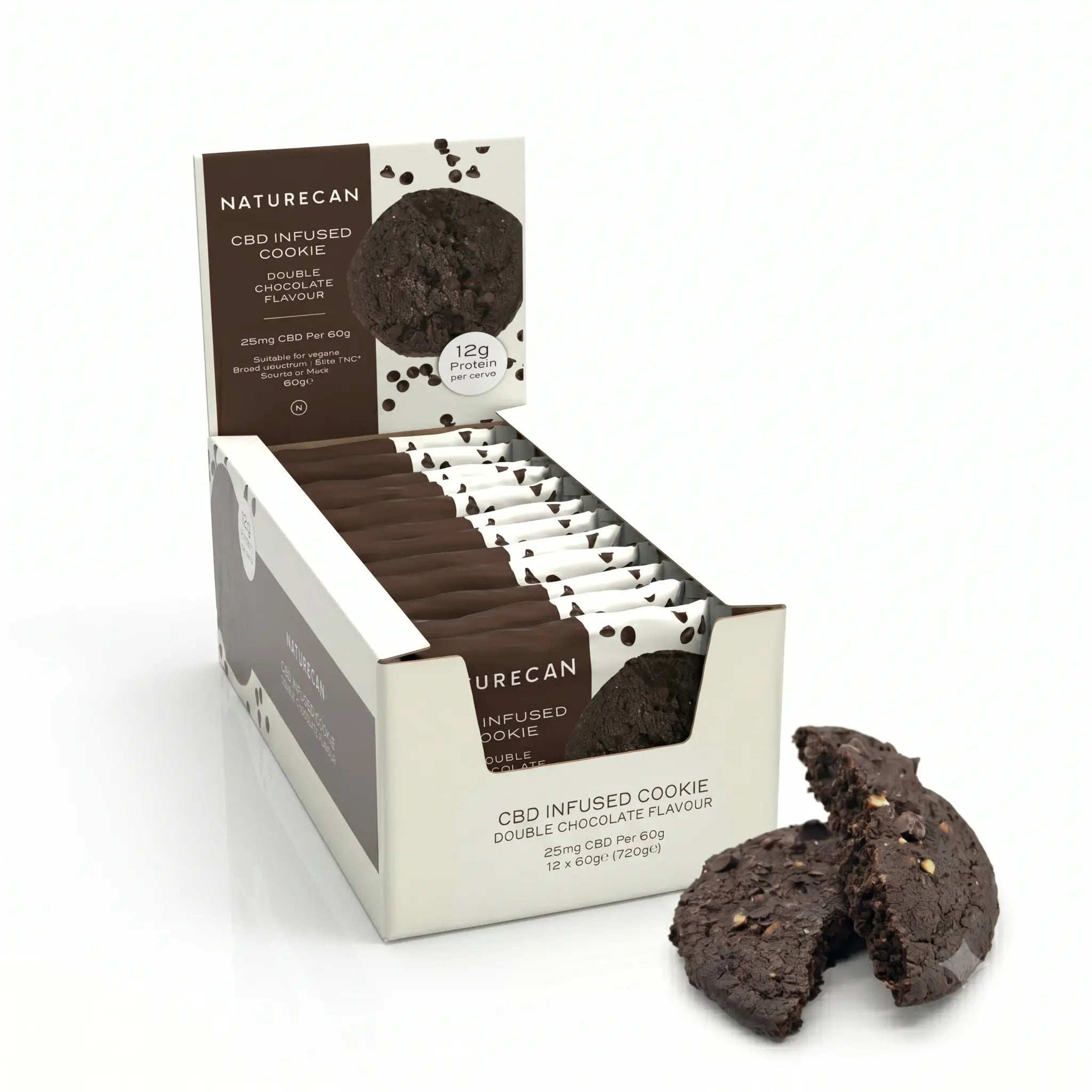 Box of Naturecan CBD Infused Double Chocolate Cookies with a single cookie on a white background