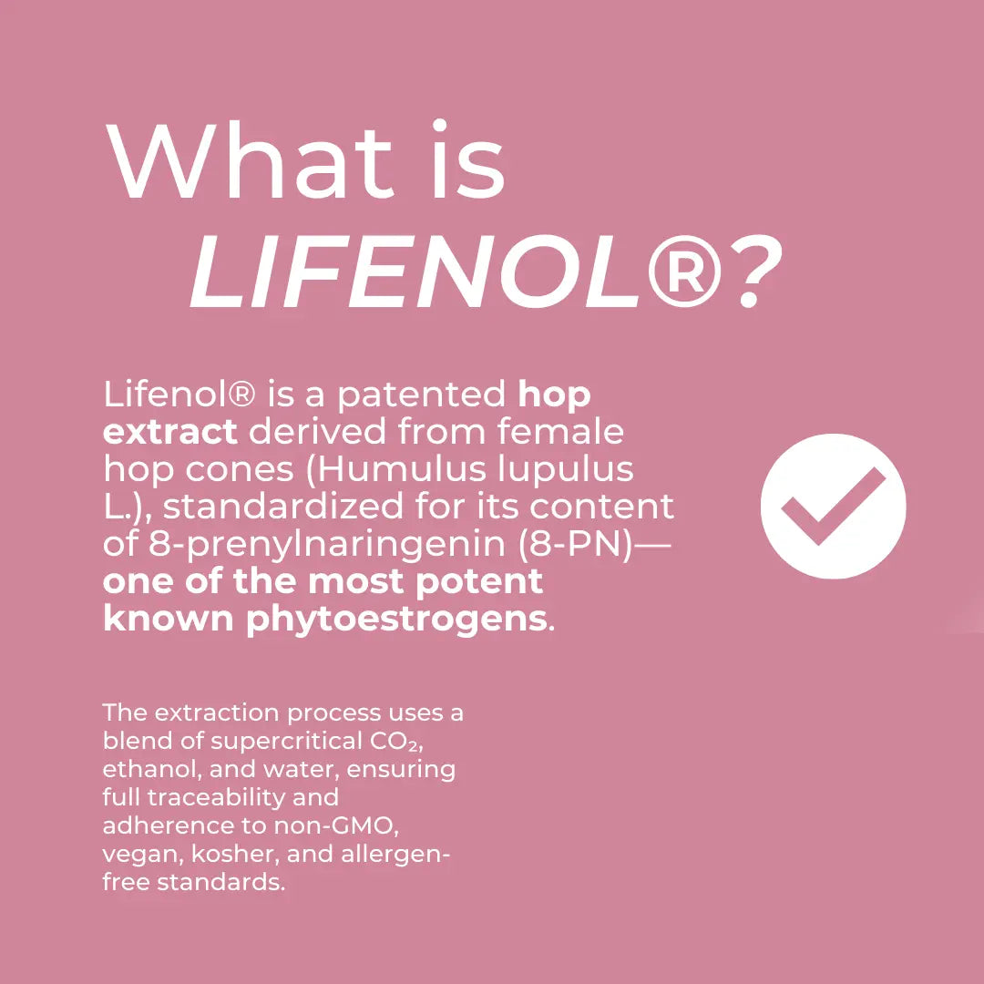 Pink background with text explaining Lifenol as a hop extract with phytoestrogens and a checkmark icon.