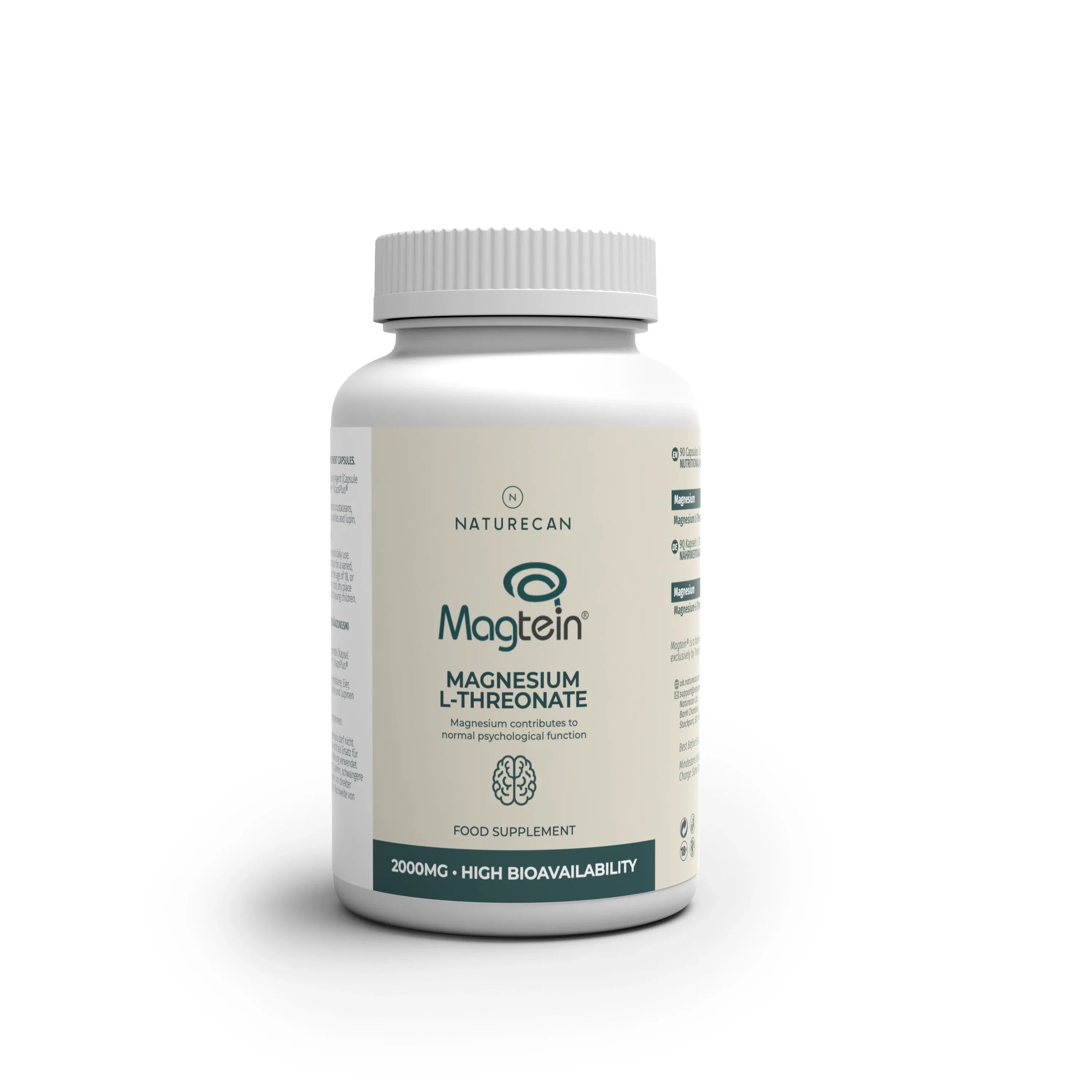 Magnesium L-Threonate by Magtein in a white bottle labeled 2000mg with high bioavailability.