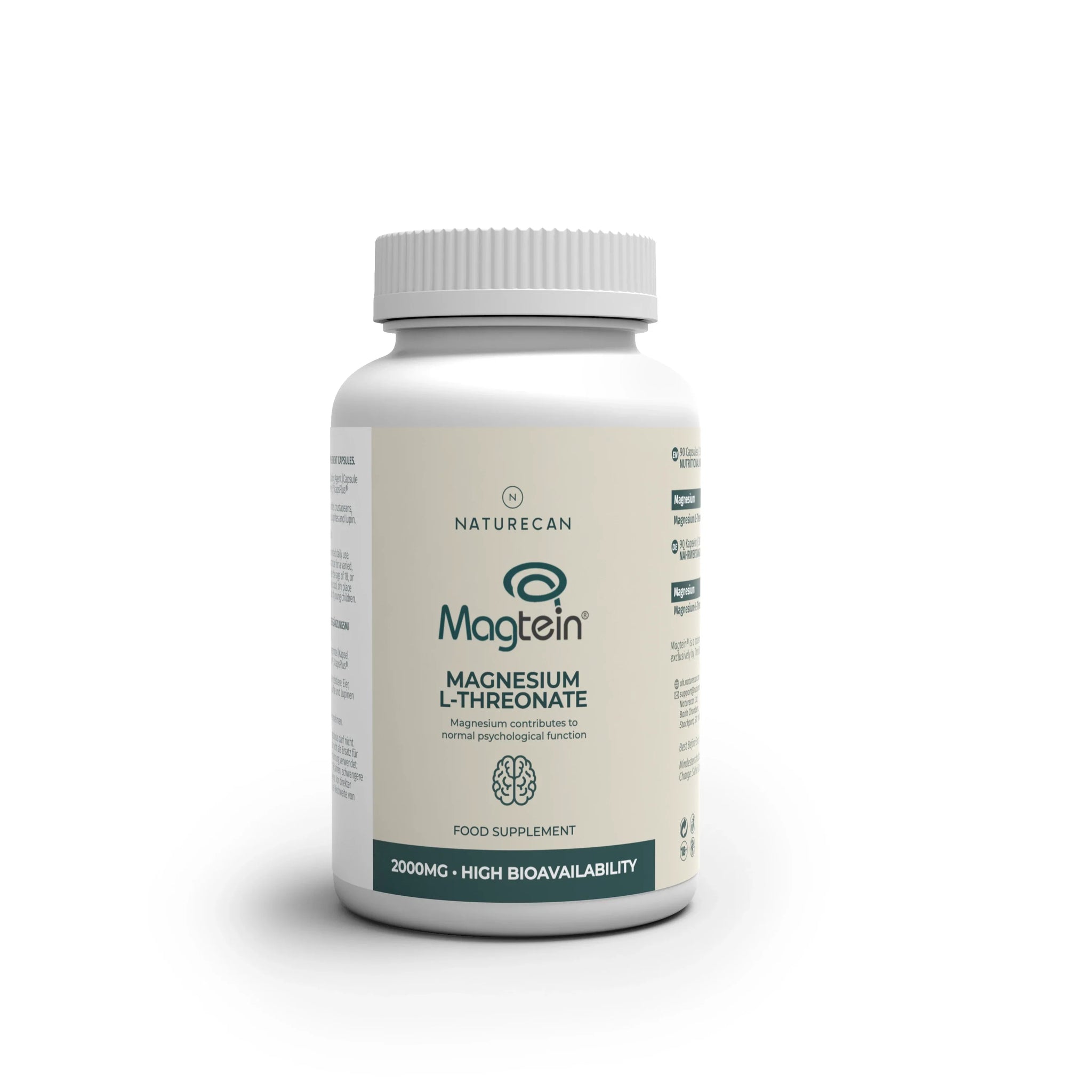 Magnesium L-Threonate by Magtein in a white bottle labeled 2000mg with high bioavailability.