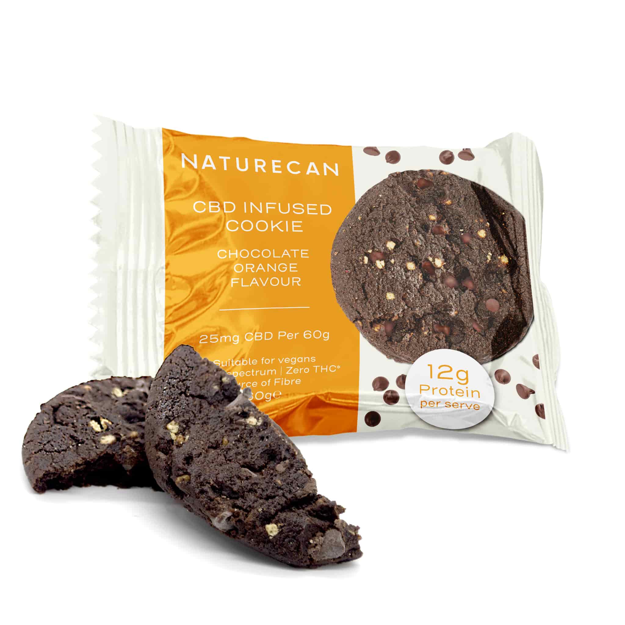 Packaged CBD Cookie with chocolate orange flavor, showing a broken cookie with visible chocolate chips.
