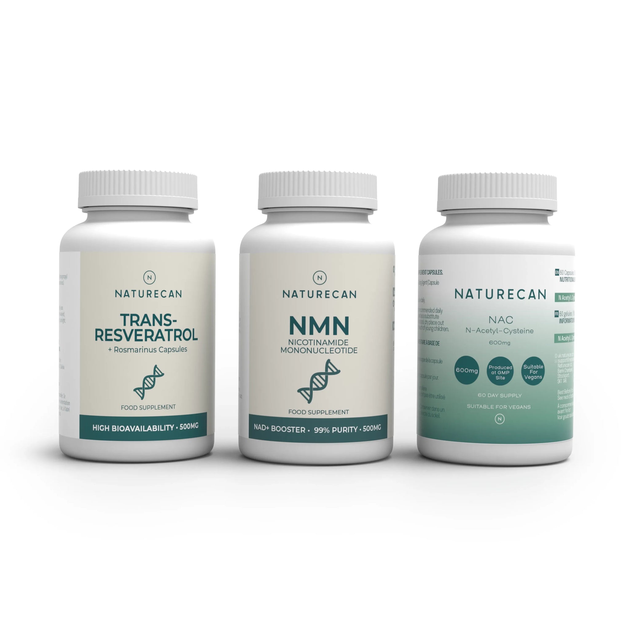 Three Naturecan supplement bottles labeled Trans-Resveratrol, NMN, and NAC are displayed side by side.