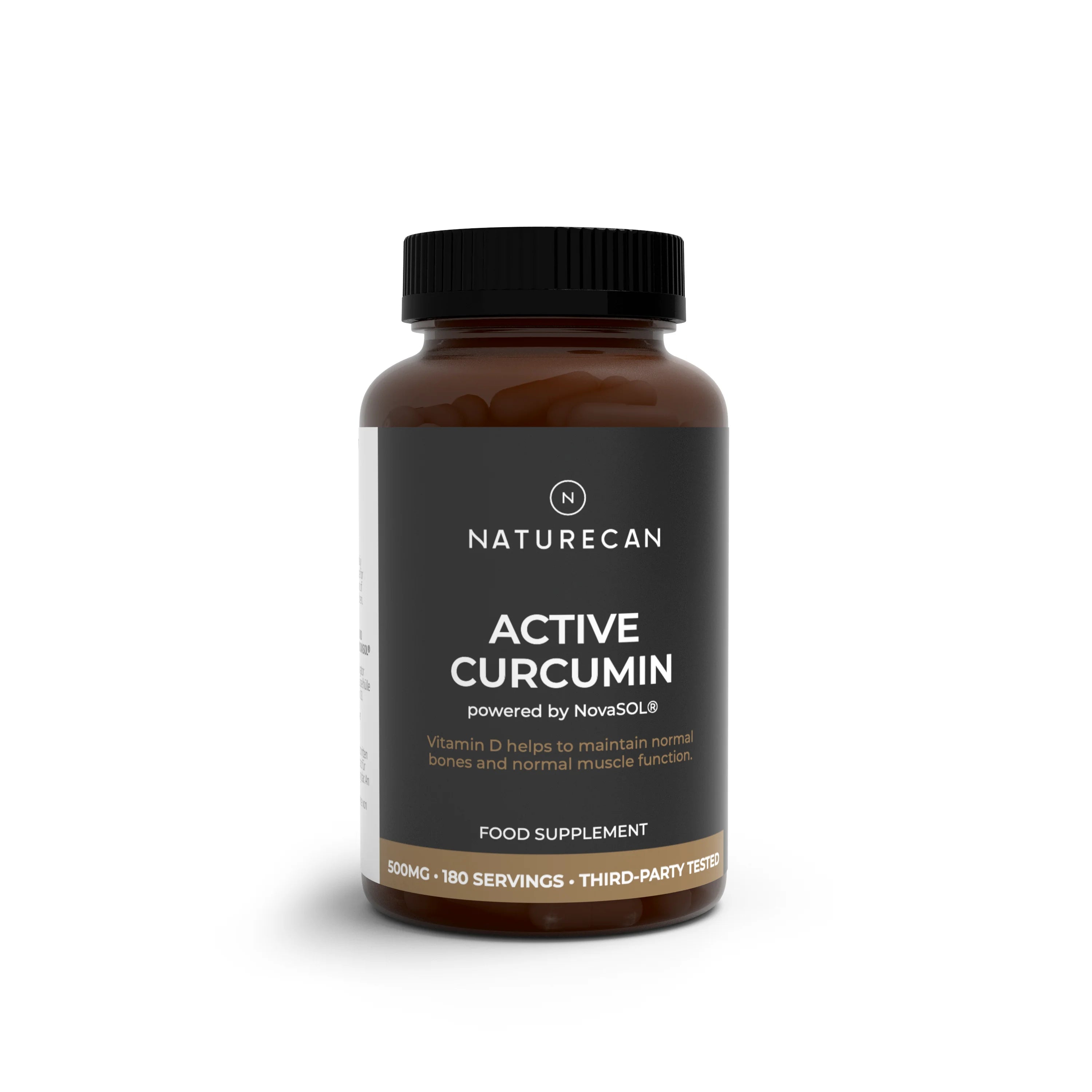 A bottle of Naturecan Active Curcumin food supplement, 500mg, 180 servings, on a white background with a soft shadow.
