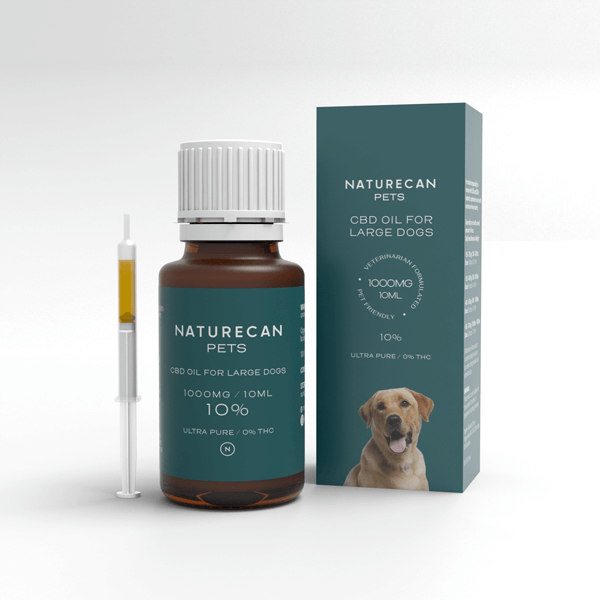 Bottle and box of CBD Oil for Dogs by Naturecan, labeled for large dogs with 1000mg/10ml and 10% strength.