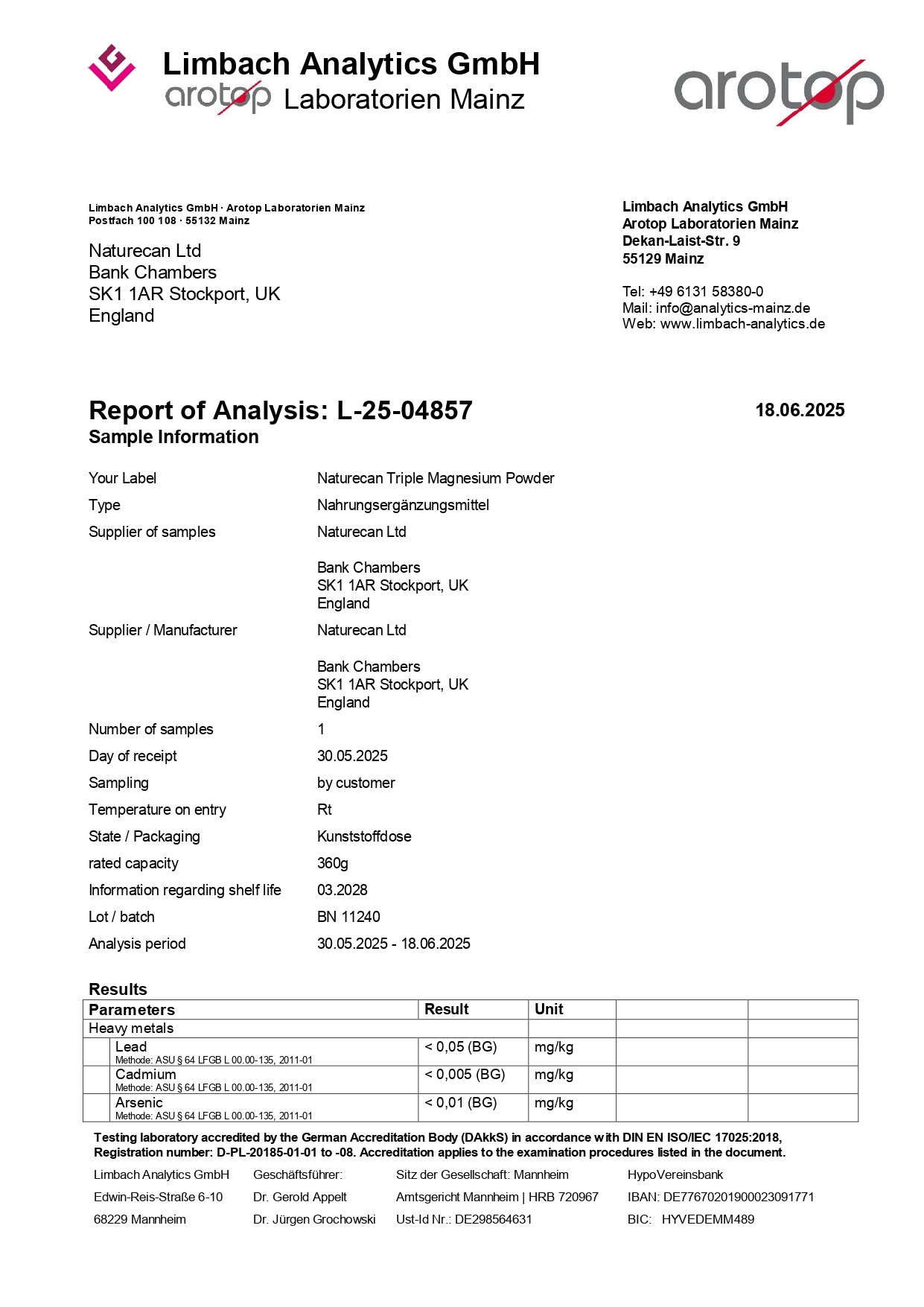 Analysis report for Naturecan Triple Magnesium Powder from Limbach Analytics GmbH, detailing heavy metal content.