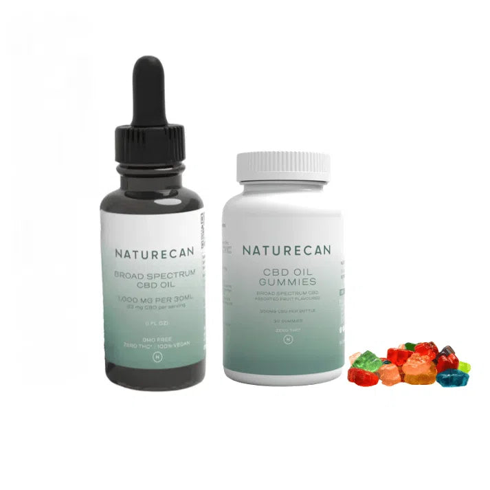 Bestseller Bundle with Naturecan CBD oil and gummies, featuring colorful gummy pieces beside the bottles.