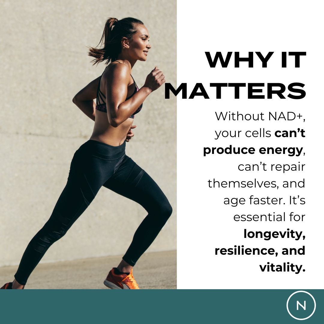 A woman running with text explaining the importance of NAD+ for energy, repair, and longevity.