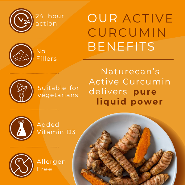 Naturecan's Active Curcumin benefits include 24-hour action, no fillers, and added Vitamin D3, shown with turmeric...