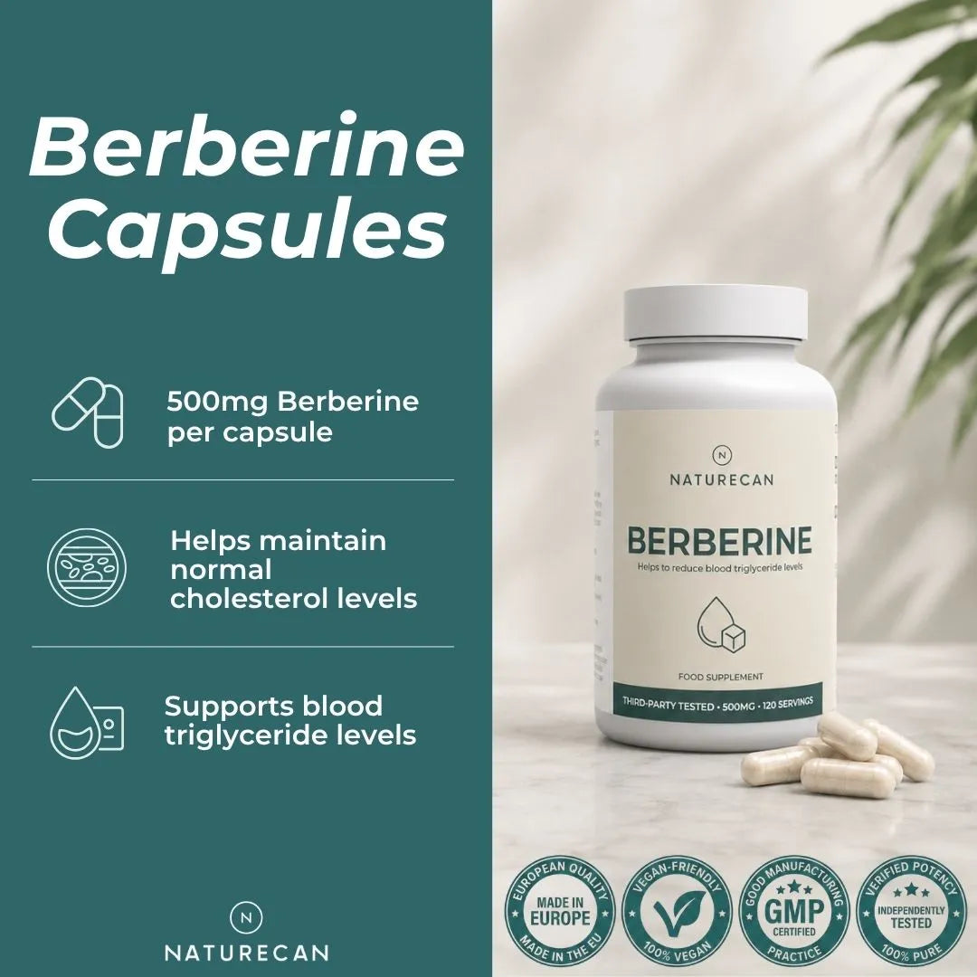 Naturecan Berberine Capsules supplement bottle and loose capsules on a light marble surface, with a dark teal text panel on the left listing benefits and several certification badges along the bottom.