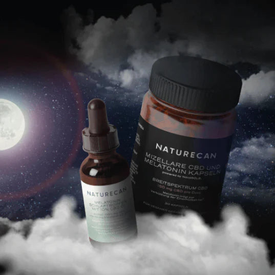 Naturecan CBD Melatonin Sleep Products with moon and clouds on background