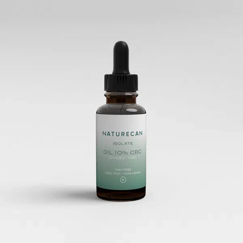 A bottle of Naturecan CBC Oil 10% with a dropper cap and a green gradient label.