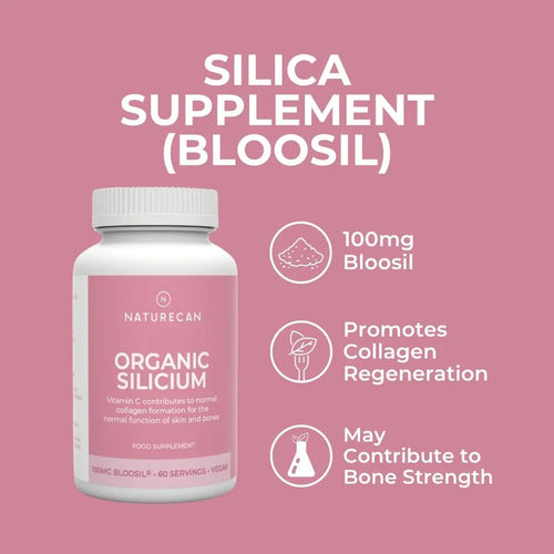 Silica Supplement (Bloosil) bottle with a pink label, showing benefits for collagen and bone strength.