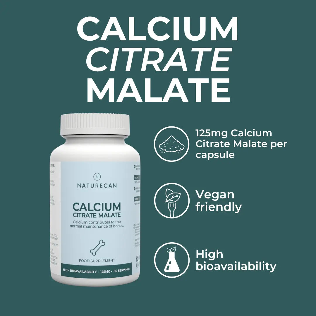 Bottle of Naturecan Calcium Citrate Malate supplement with product details on a green background