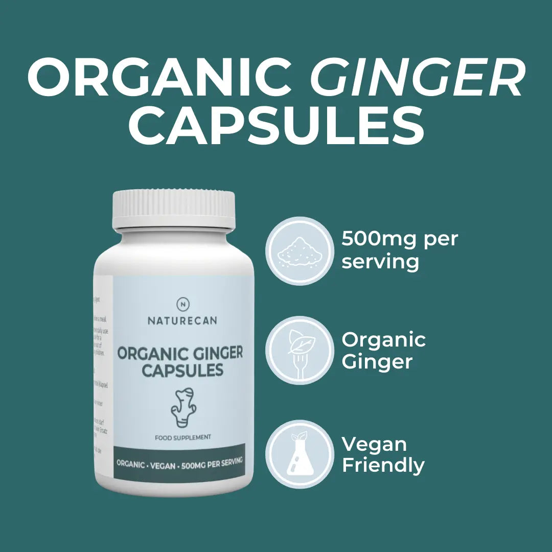 Naturecan Organic Ginger Capsules bottle with product details on a green background
