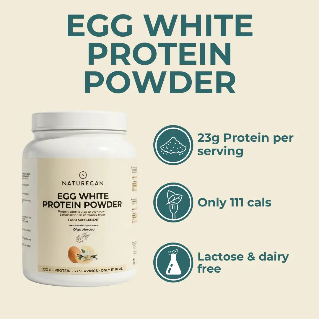 Naturecan egg white protein powder container with nutritional information on a beige background