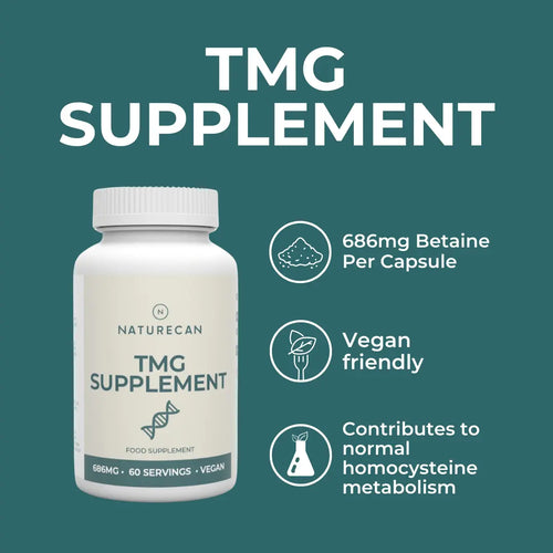 White bottle of TMG Supplement with 686mg per capsule, vegan-friendly, and homocysteine metabolism support details.