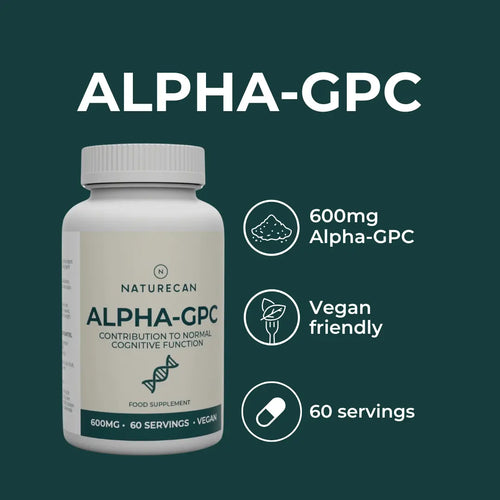 Bottle of Naturecan Alpha GPC highlighting 600mg dosage, vegan-friendly formula, and 60 servings.