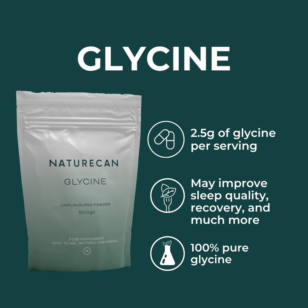 Naturecan Glycine powder package with text on a green background