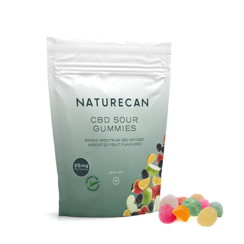 Packaged CBD Sour Gummies with assorted fruit designs and "25mg per gummy" label.