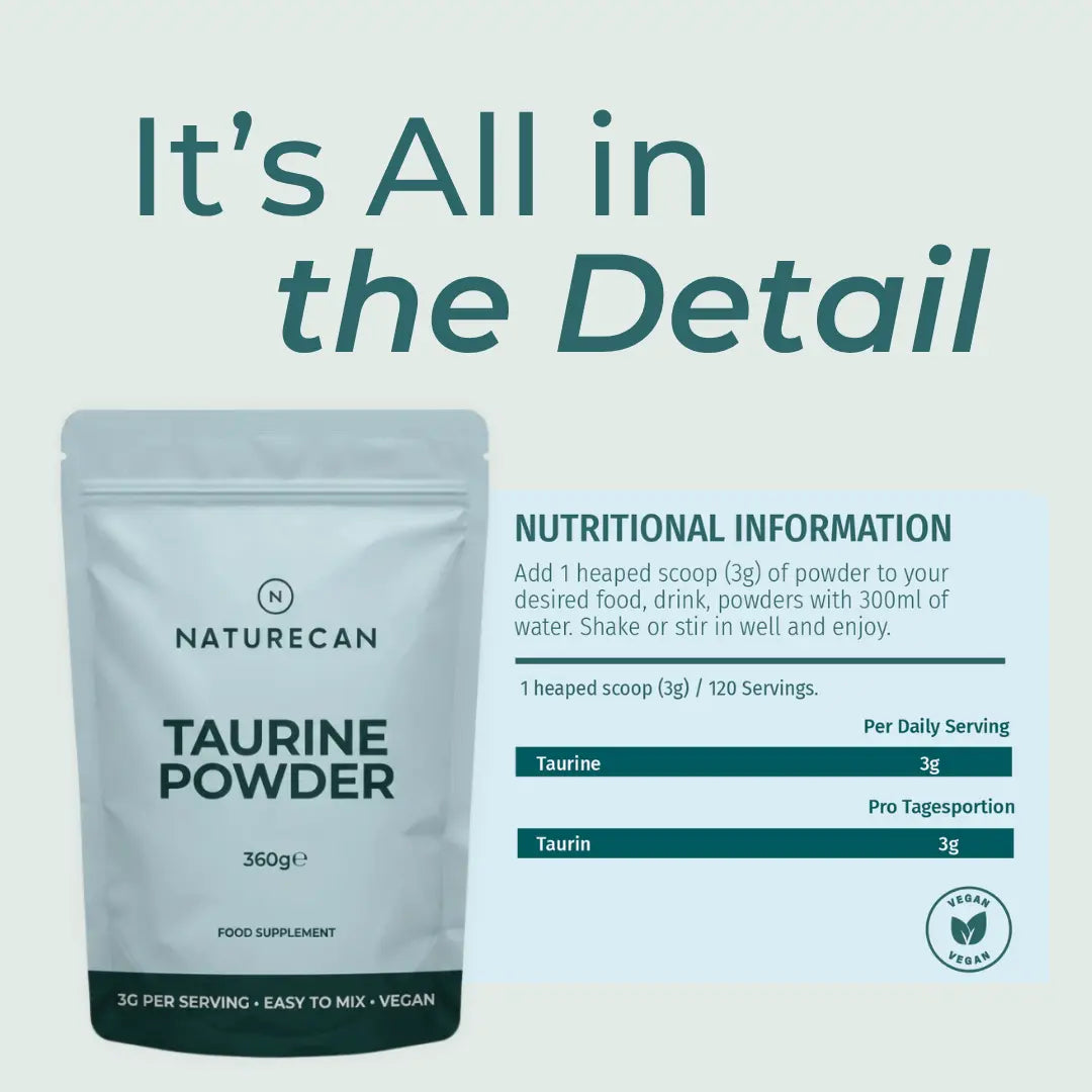 Naturecan Taurine Powder package with nutritional information on a light blue background