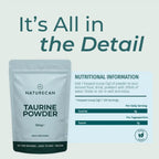 Naturecan Taurine Powder package with nutritional information on a light blue background