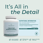 Naturecan Creatine Monohydrate supplement bottle shown next to a nutritional information card on a pale green background with marketing text reading 'It's All in the Detail'.