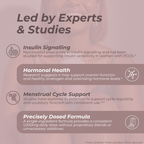 An informational infographic with a muted mauve background and a blurred photo of a woman in the back. Large text reads 'Led by Experts & Studies,' followed by four benefit callouts: Insulin Signalling, Hormonal Health, Menstrual Cycle Support, and Precisely Dosed Formula, each with a small line icon and explanatory text.