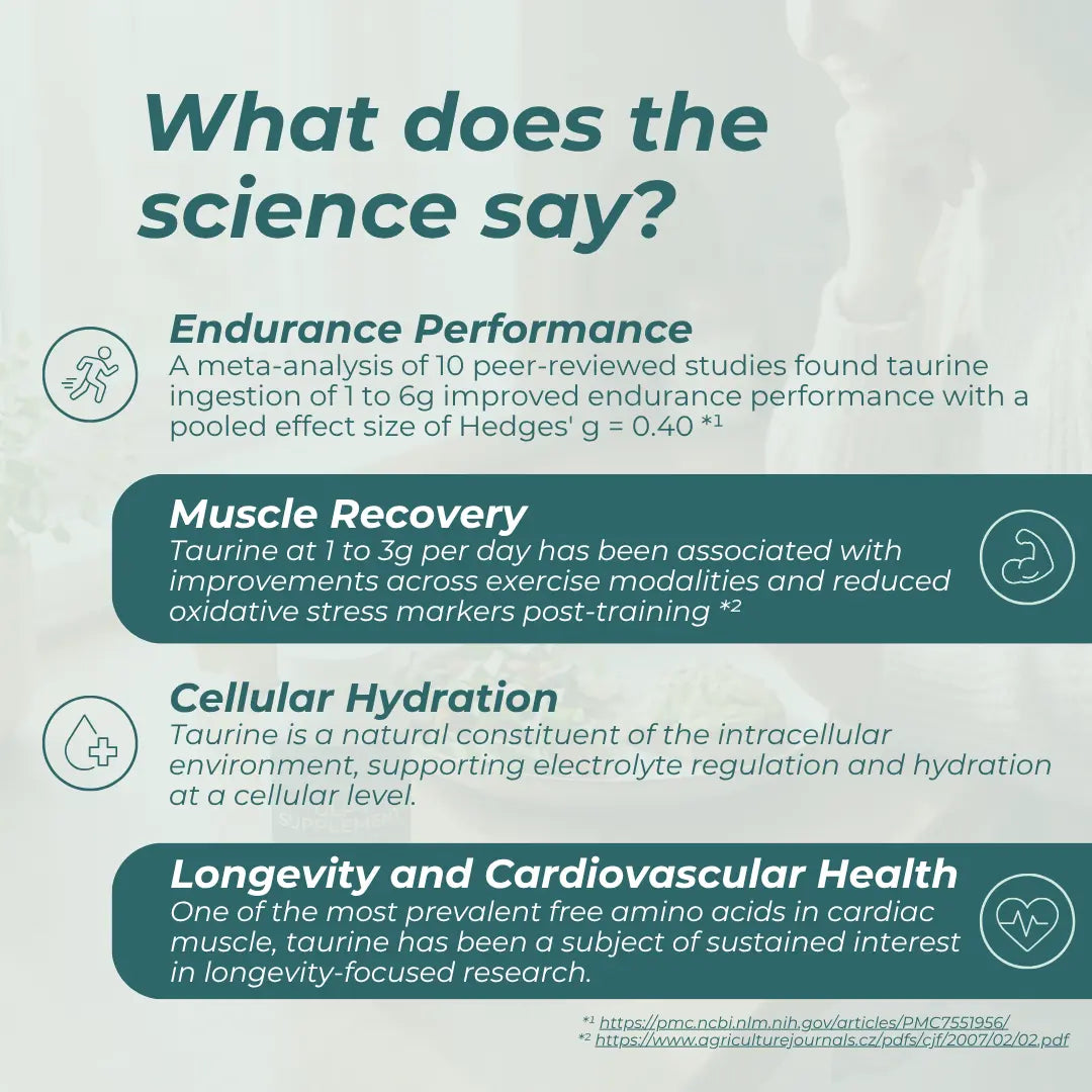 Infographic on taurine's benefits for endurance performance, muscle recovery, cellular hydration, and longevity.