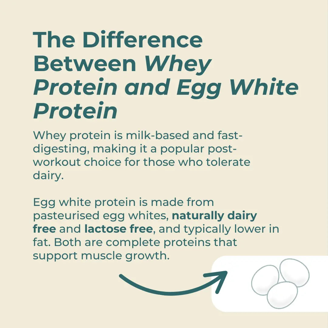 Text explaining the difference between whey protein and egg white protein on a beige background.