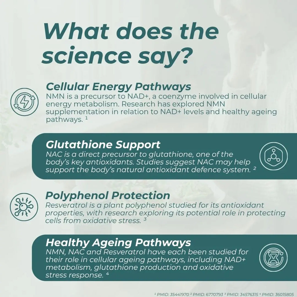 An informational infographic titled 'What does the science say?' with three dark teal text panels on a pale mint background. The panels discuss Cellular Energy Pathways, Glutathione Support, Resveratrol Protection, and Healthy Ageing Pathways, each accompanied by a small line icon.