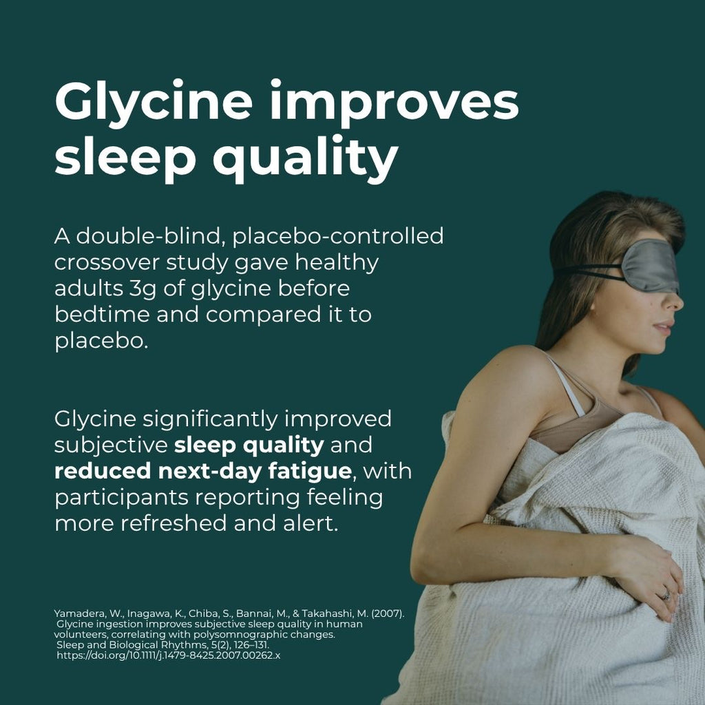 Woman with a sleep mask on, text about glycine improving sleep quality